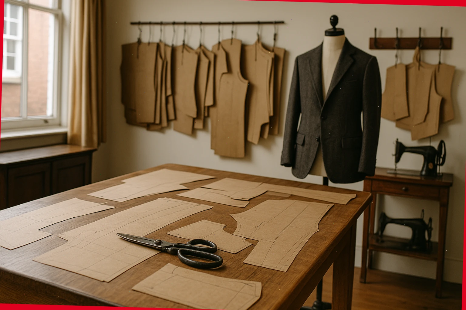 Tailoring studio front room with pattern table, shears and jacket blocks